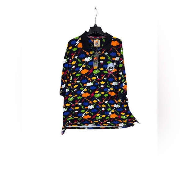 YO ME .Dynamic Black and Orange Polo Shirt with Geometric Pattern - Picture 1 of 7